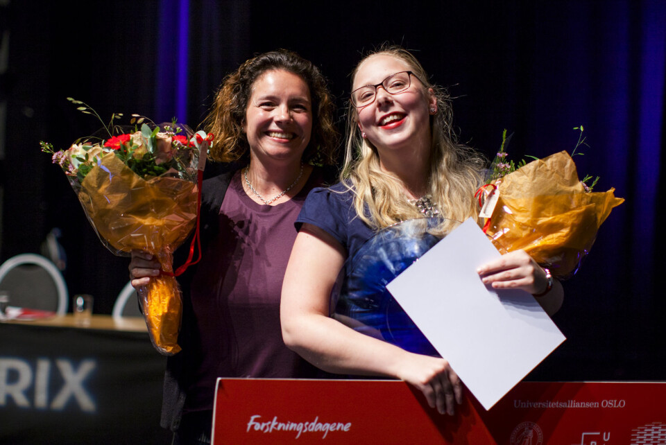 HiOA-forsker Elisabeth Wiken Telenius og Siv Gundorsen Aalbergsjø, UiO, skal representere Oslo-regionen i finalen. Foto: Wanda Nathalie Nordstrøm, Khrono.