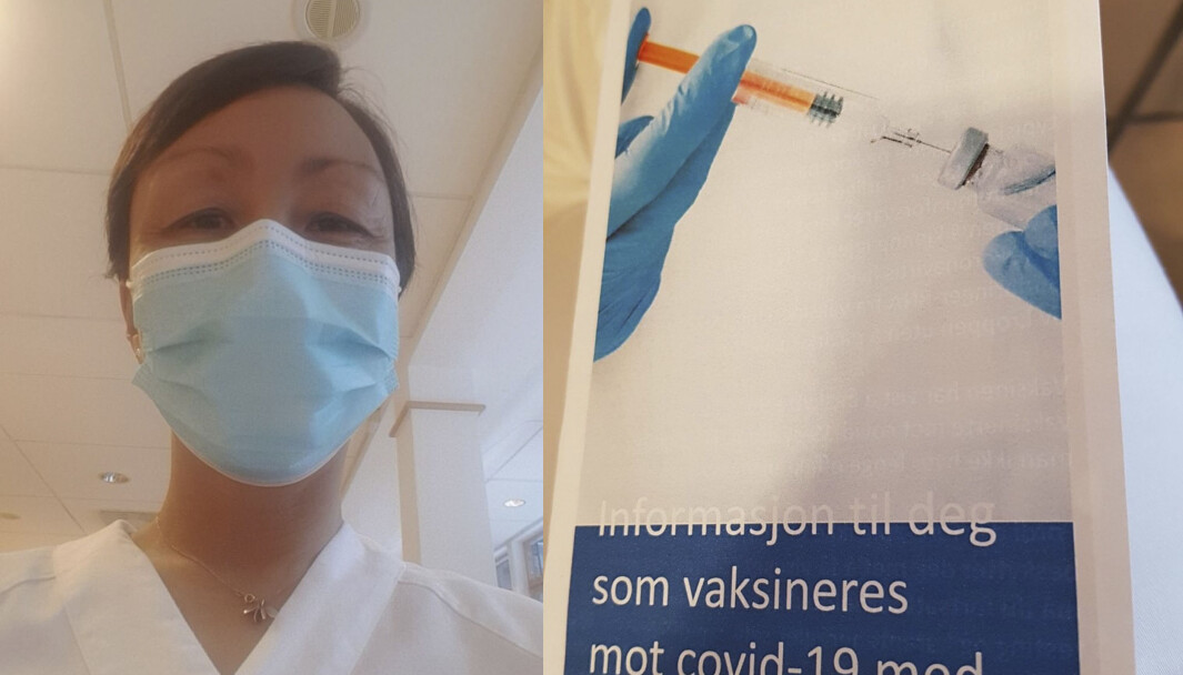 Anne Kim Krakeli ved Diakonhjemmet sykehus er litt øm i armen etter å ha blitt vaksinert mot covid-19 i den første uka det ble åpnet for helsepersonell. Anne Kim Krakeli ved Diakonhjemmet sykehus er litt øm i armen etter å ha blitt vaksinert mot covid-19 i den første uka det ble åpnet for helsepersonell.