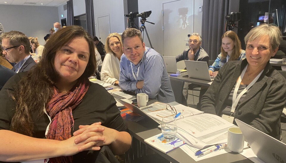 Kathrine Rømmen (til venstre), Gro Opseth, Per Olav Moberg Peersen og Gerty Lund under landsmøtet 2021. De sitter alle i dagens forbundsstyre.