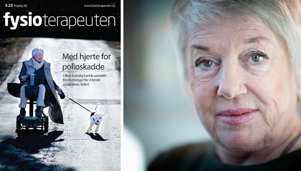Den pensjonerte fysioterapeuten Lillian Festvåg pryder forsiden av Fysioterapeutens tredje papirutgivelse i 2022. Hun har spesiell innsikt i poliomyelitt. Foto: Bo Mathisen