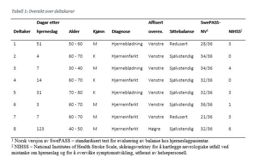 Erfaringar med VR som fysioterapitiltak i rehabilitering av hjerneslagpasientar. Ein intervjustudie