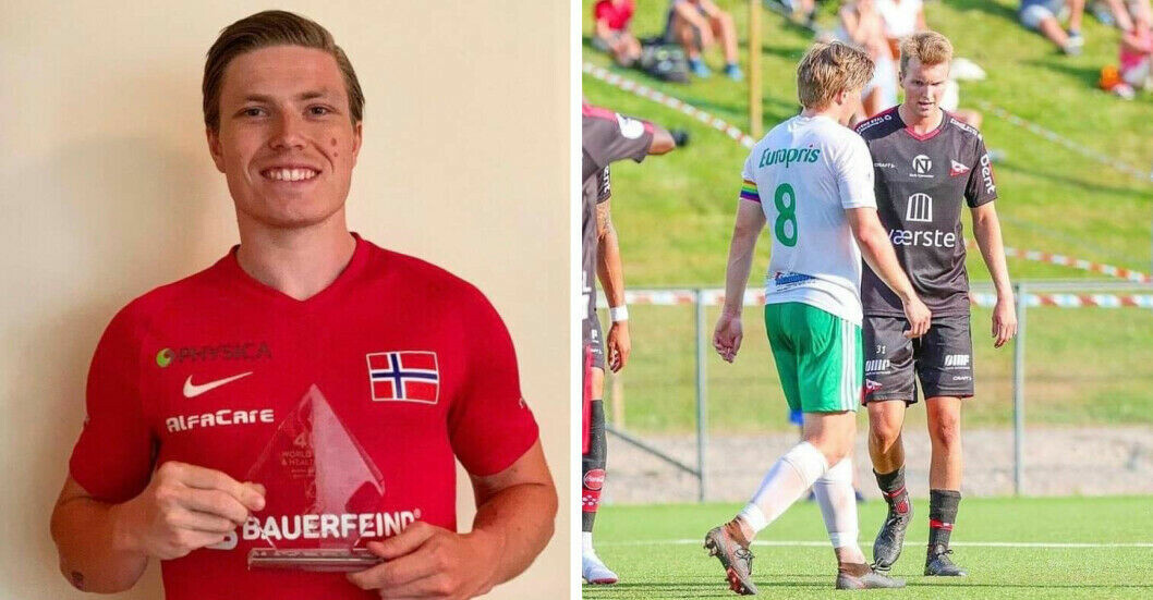 Håkon Snorressønn Wæhler henholdsvis med flagget på brystet for Norge og i kamp for Kråkerøy, klubben han spiller for, mot Fredrikstad FK, klubben han jobber for. Snorressønn Wæhler er spilleren med nummer 8 på ryggen.