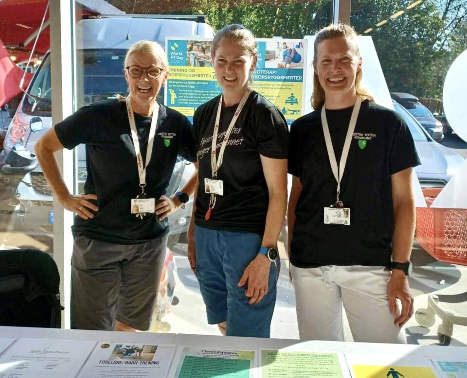 Åsne Løkken, Heidi Pedersen og Sigrid Solberg Lodden, alle fysioterapeuter i Vestre Toten kommune, sto på stand og informerte om fysioterapi generelt, korsryggsmerter spesielt, og kommunens fysioterapitilbud.