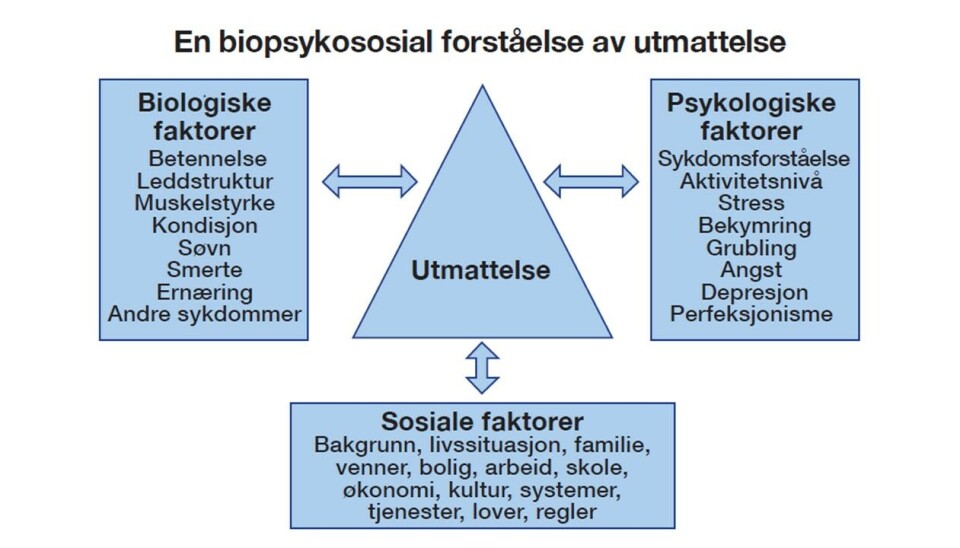 Figur 1. En biopsykososial forståelse av utmattelse (18). Brukes med godkjenning av Nasjonal behandlingstjeneste for revmatologisk rehabilitering (NBRR).
