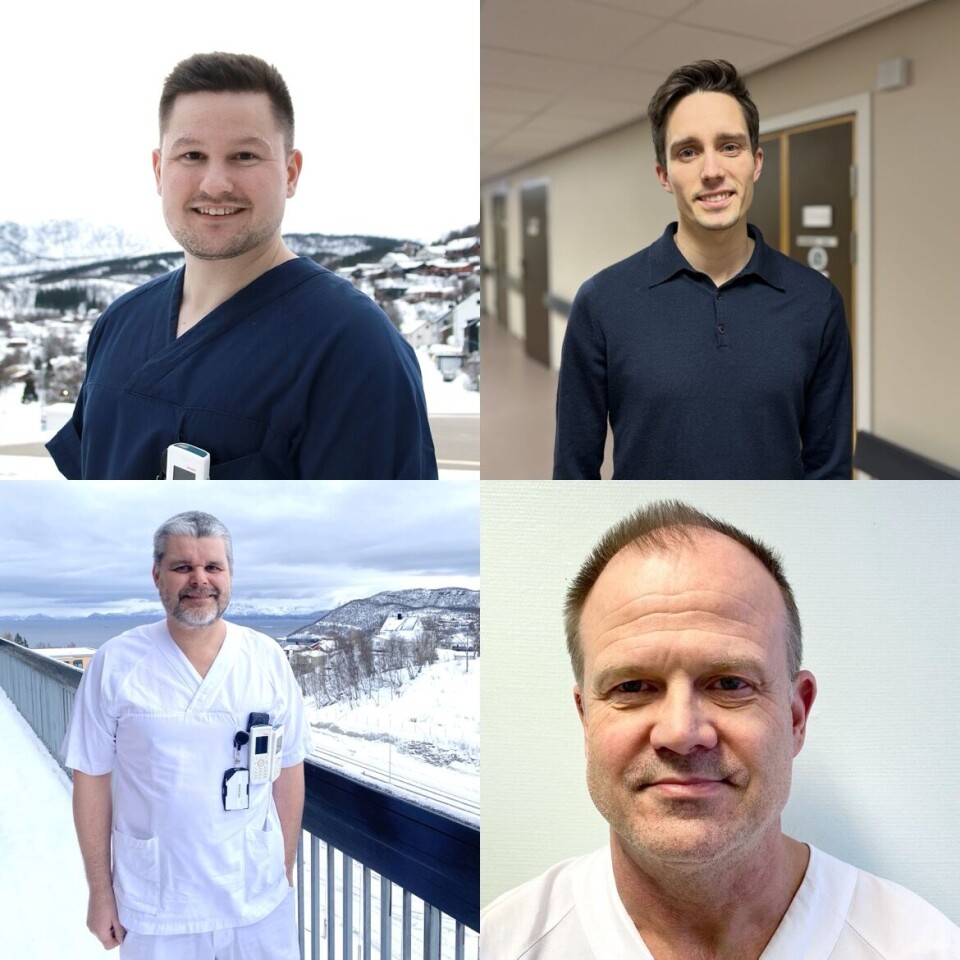 Spesialfysioterapeut Kim Reiner Martinsen, fastlege Vegard Bredal Olsen, spesialist innen ortopedi, Nils Kristian Valle, og ortoped og avdelingsleder for ortopedisk avdeling ved UNN, Karl-Ivar Lorentzen,