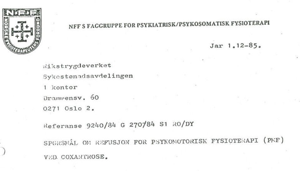 Skjermdump av brev sendt fra NFFs faggruppe til Rikstrygdeverket i 1985.