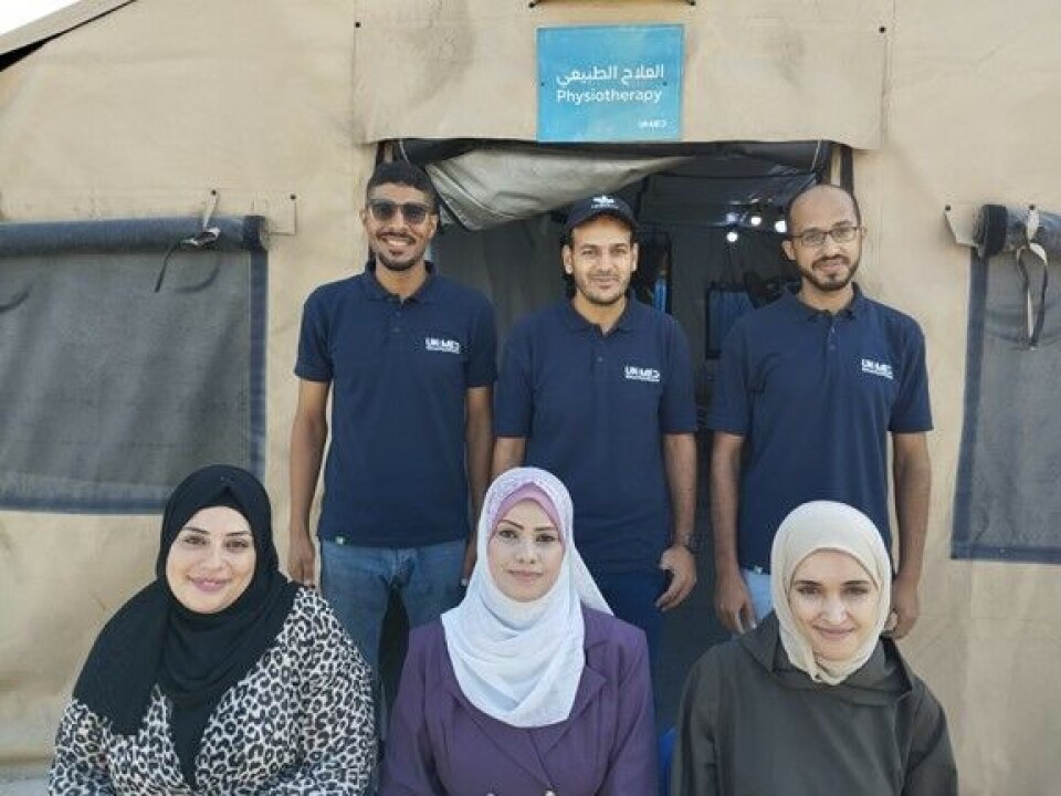 UK-MED’s rehabilitation team in Gaza in July 2025: Osama Younis, Alaa Hamdan, Shadi Al-Qudra, Hanaa Abu Mandeel, Alaa Odeh and Afnan Abu Meilaq.