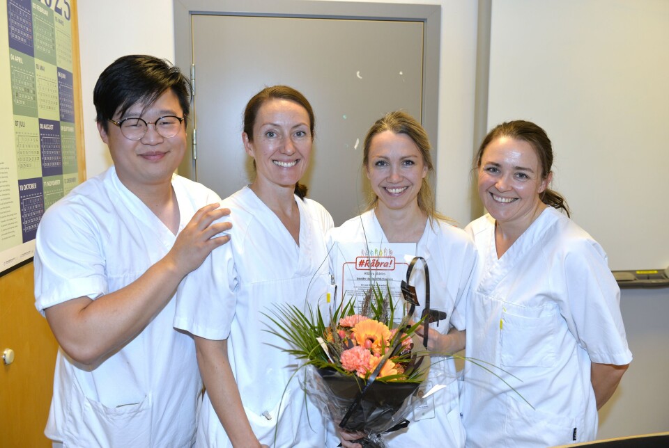 Feiring da prosjektet gikk over til fast drift: Fysioterapeutene Joon Y. Chang (f.v.), Marthe Neshagen, Jennifer A. Michaelsen og Agnete Høgås Johansen.